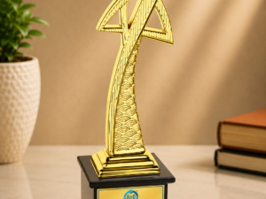 Premium gold metal achievement trophy with black base for corporate awards