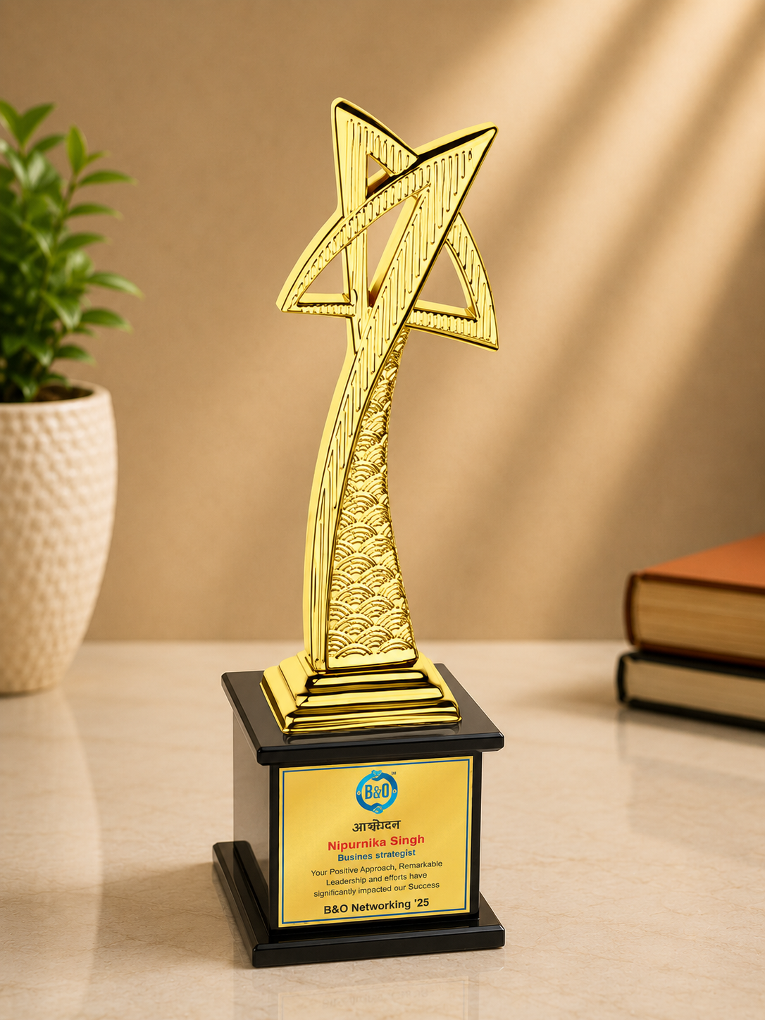 Premium gold metal achievement trophy with black base for corporate awards