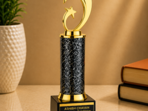 Tall gold-finish trophy featuring a distinctive crescent with two stars, black textured centre column and premium stepped black base with a customizable award plaque.