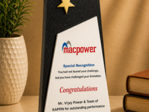A stylish wooden star plaque with a gold-finish star and custom printed panel — perfect for appreciation and corporate recognition.