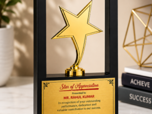 Elegant black open-frame plaque featuring a raised gold star centerpiece and a customizable gold appreciation plate, ideal for corporate recognition and achievement awards.