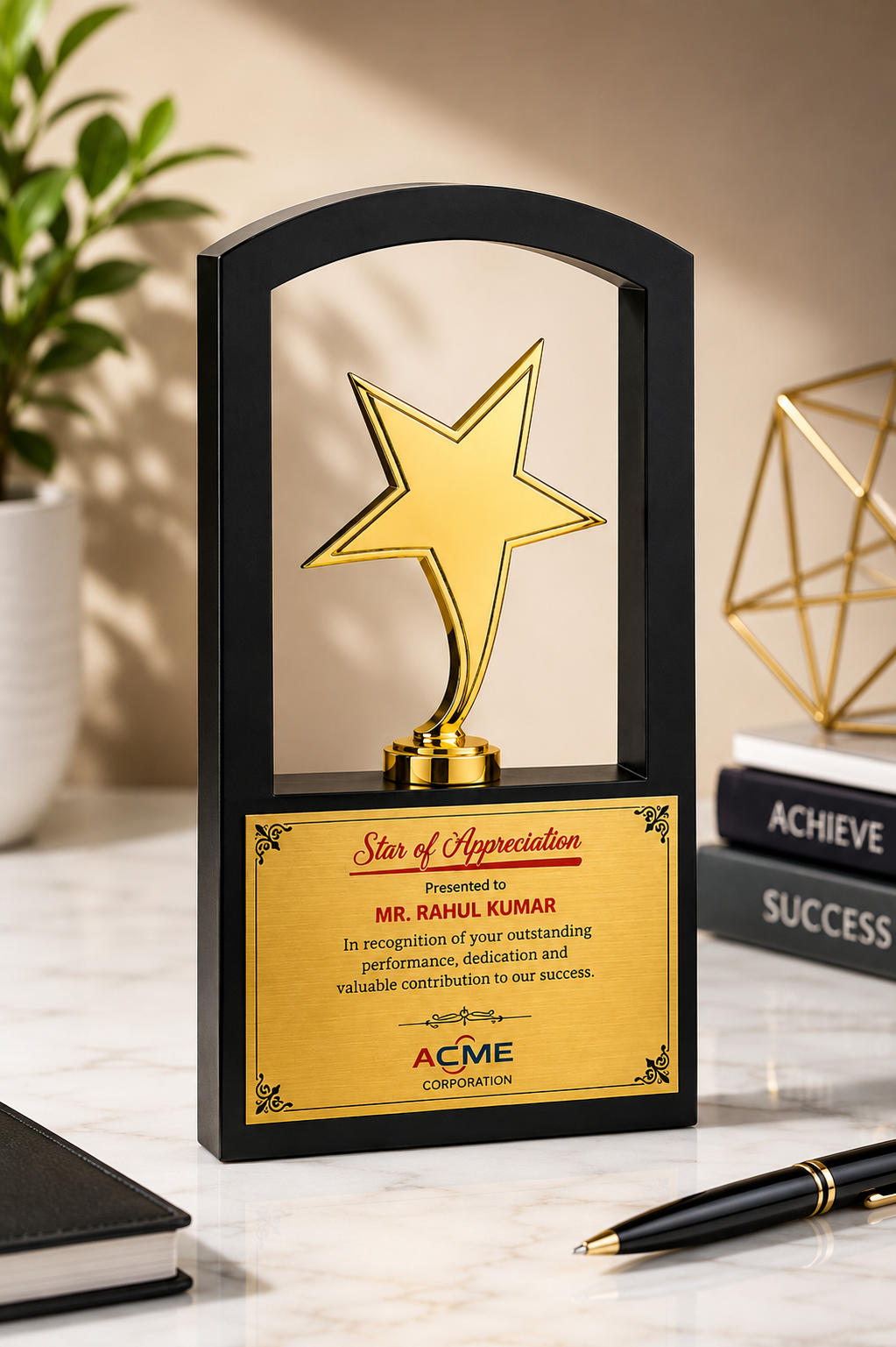 Elegant black open-frame plaque featuring a raised gold star centerpiece and a customizable gold appreciation plate, ideal for corporate recognition and achievement awards.