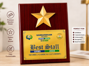 A stylish wooden award frame with a gold star and custom panel — perfect for Best Stall, achievement and event recognition.