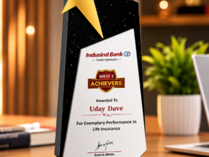 A stylish wooden star trophy with a bold black finish and gold star — perfect for celebrating top performance and corporate achievements.