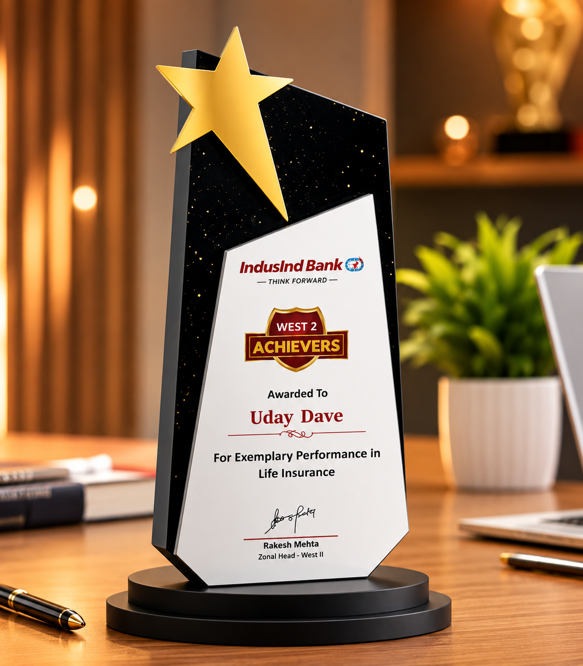 A stylish wooden star trophy with a bold black finish and gold star — perfect for celebrating top performance and corporate achievements.