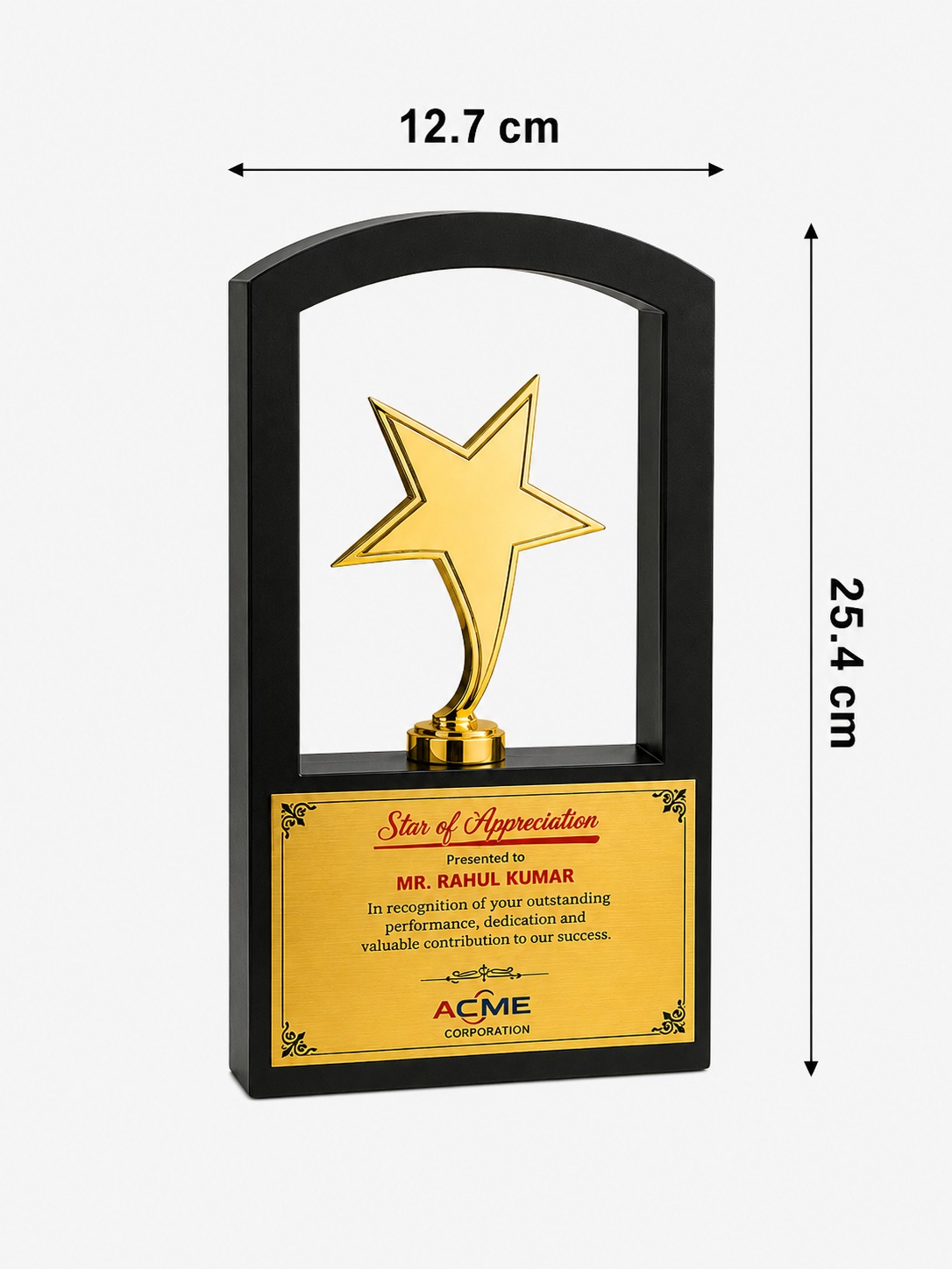 Elegant black open-frame plaque featuring a raised gold star centerpiece and a customizable gold appreciation plate, ideal for corporate recognition and achievement awards.