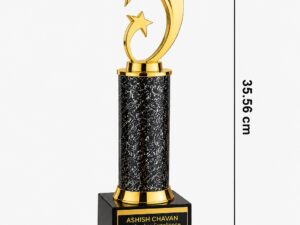 Tall gold-finish trophy featuring a distinctive crescent with two stars, black textured centre column and premium stepped black base with a customizable award plaque.
