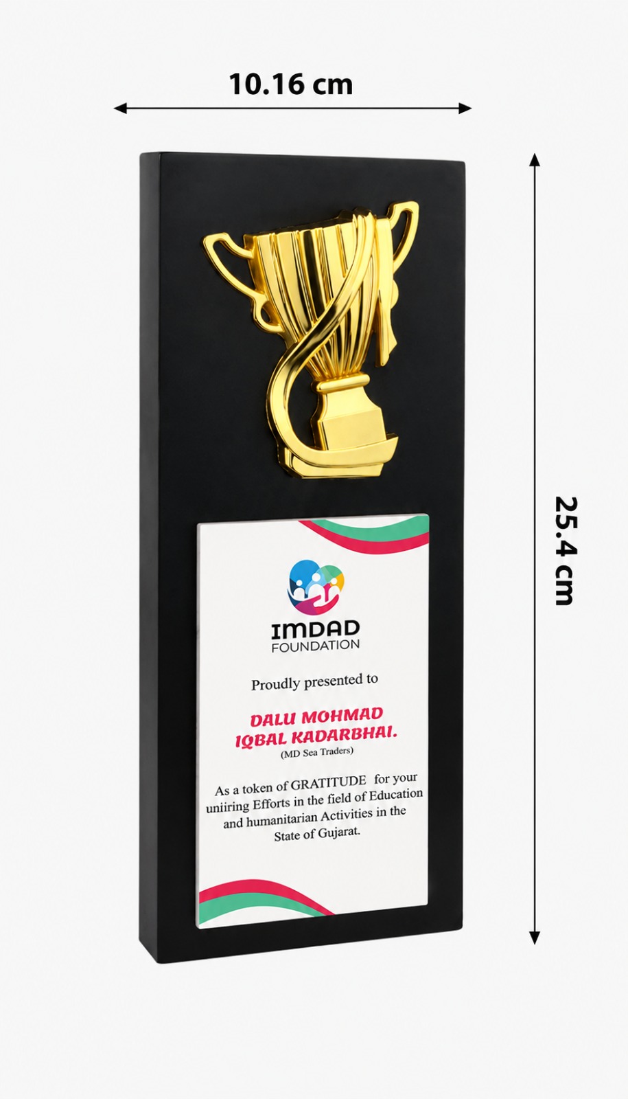 Black wooden appreciation trophy plaque with gold trophy design and custom award panel