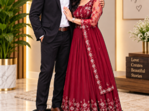 A customized acrylic couple photo cut-out displayed on a sleek black base with a romantic personalized message, designed for anniversary and wedding gifting.
