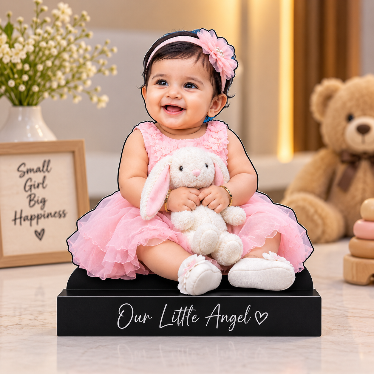 Create a special display of your little one with a personalized acrylic baby photo stand and custom name or message.