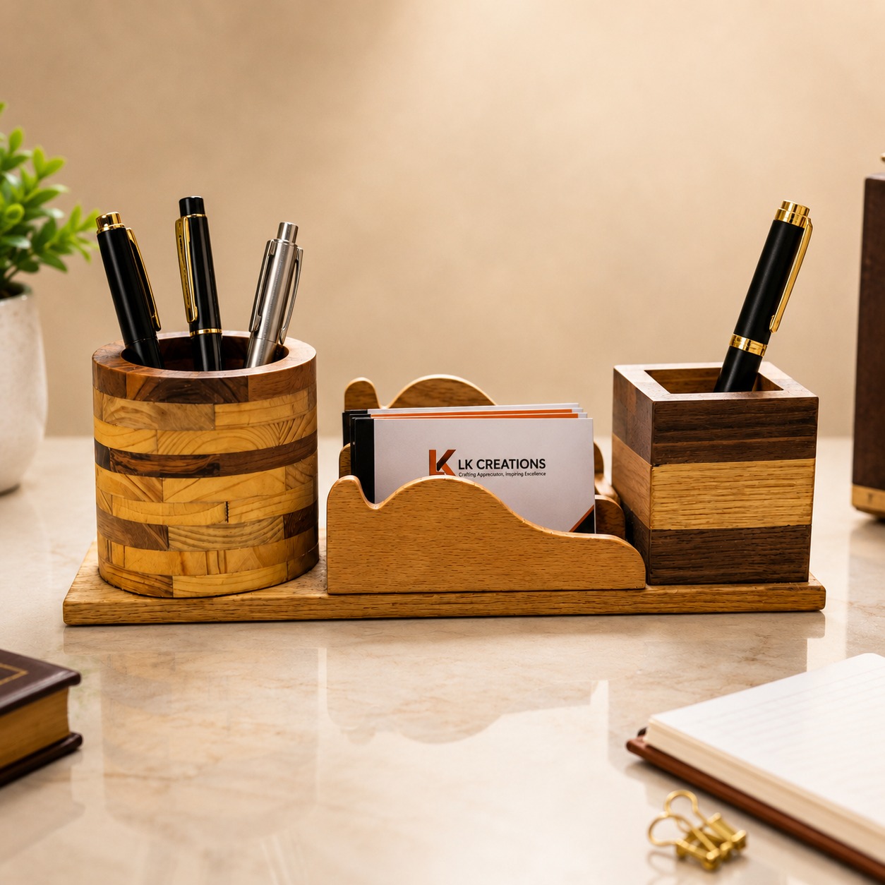 Wooden desk organizer with logo engraving for corporate gifting