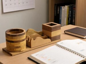 Wooden desk organizer with logo engraving for corporate gifting