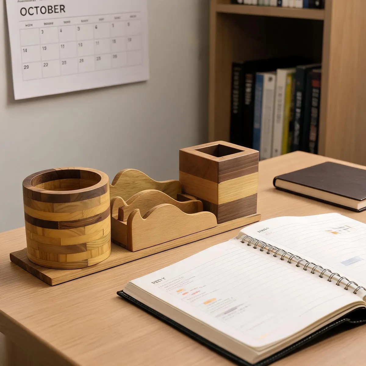 Wooden desk organizer with logo engraving for corporate gifting