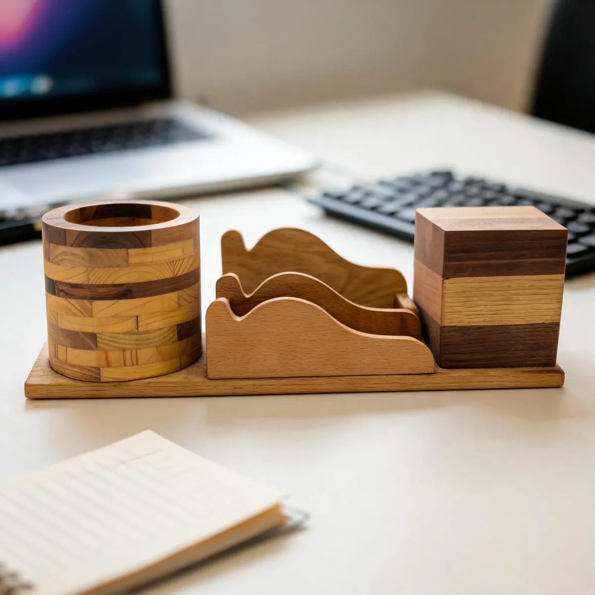 Wooden desk organizer with logo engraving for corporate gifting