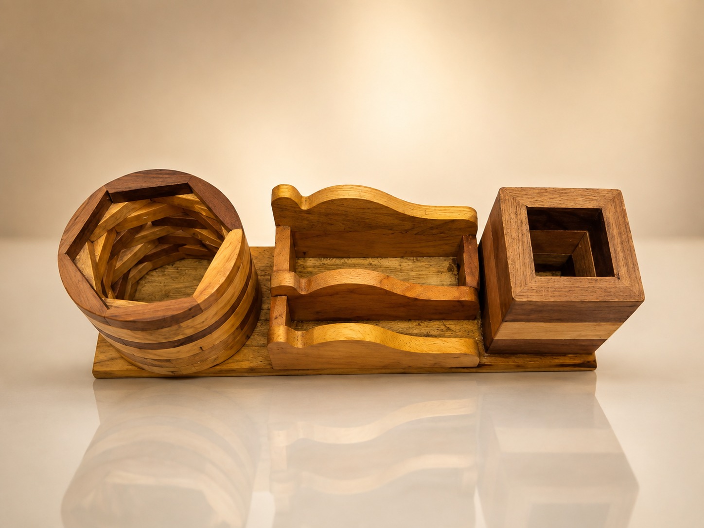 Wooden desk organizer with logo engraving for corporate gifting