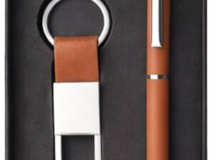 Brown pen and keychain corporate gift set in black presentation box