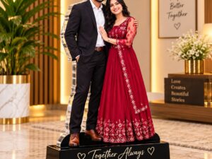 Customized acrylic couple photo stand with a personalized cut-out design on a wooden base
