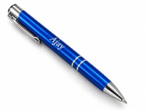 Blue metal executive pen with silver accents and engraved custom text
