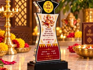 Tall star-shaped acrylic Ganesh Utsav trophy with colorful festive print and Ganpati design, personalized for celebrations