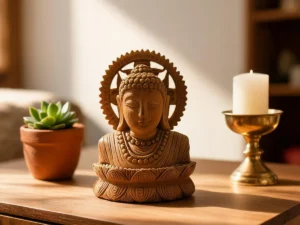 A detailed Wooden Buddha Statue made for peaceful spaces, thoughtful gifting and elegant home or office decor.