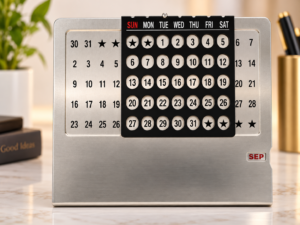 A modern silver Metal Desk Calendar with a black movable date panel, clear number display and compact design, styled on a premium office desk.