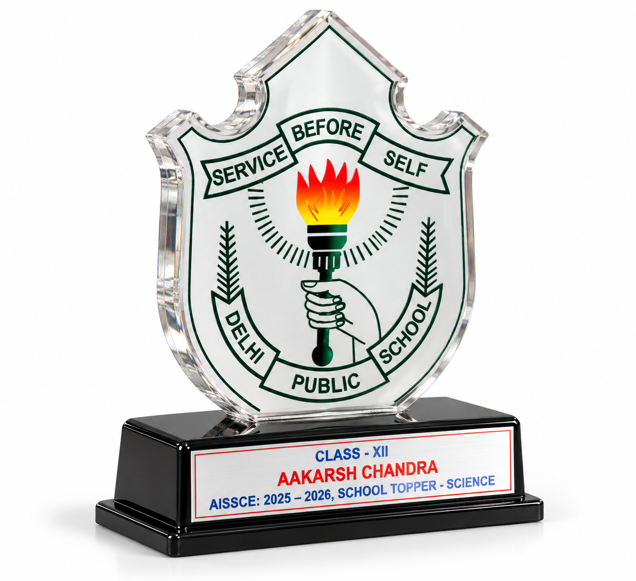 A customized school topper trophy featuring a shield design and elegant black base.