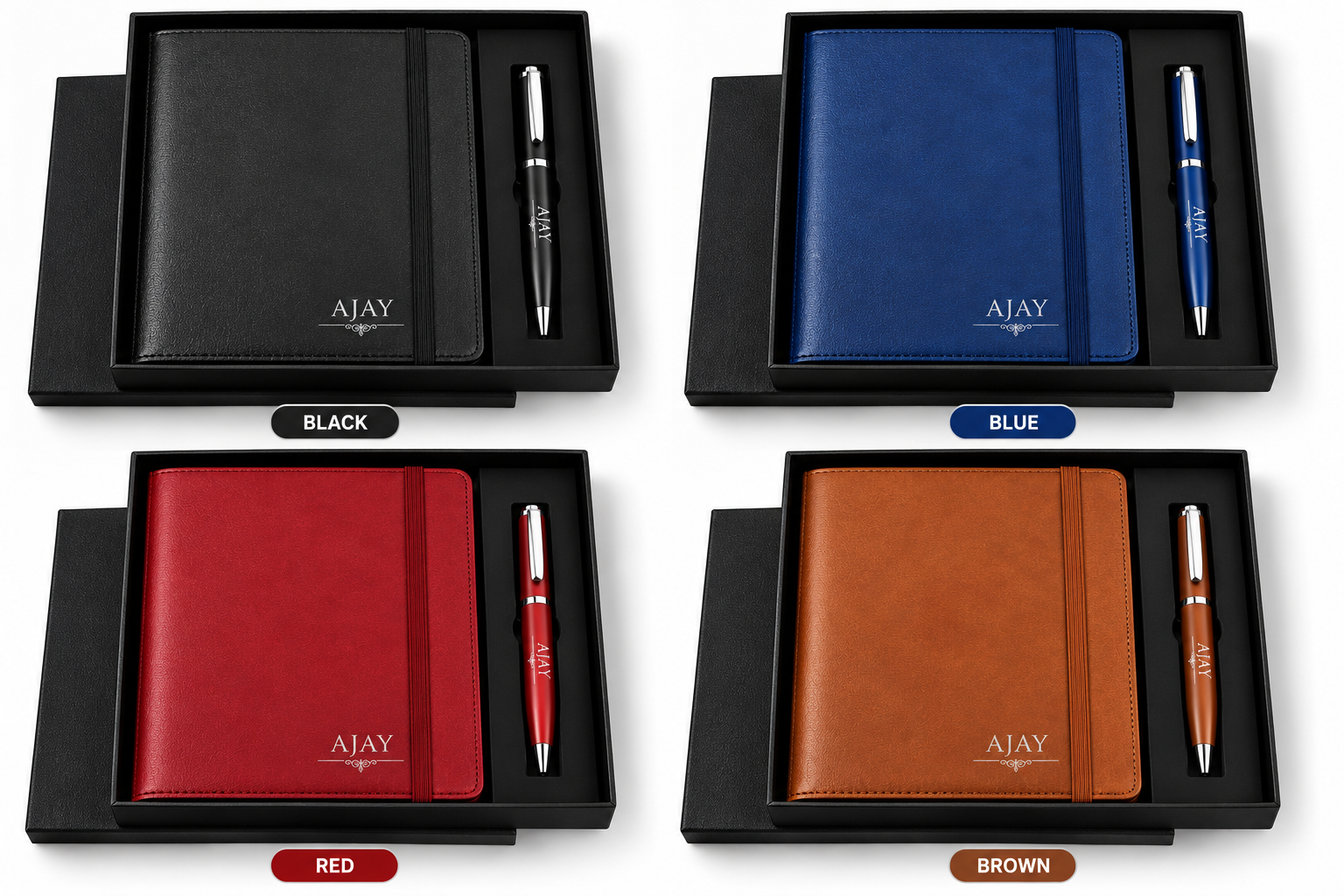 Personalized notebook and matching pen gift sets in black, blue, red and brown presentation boxes