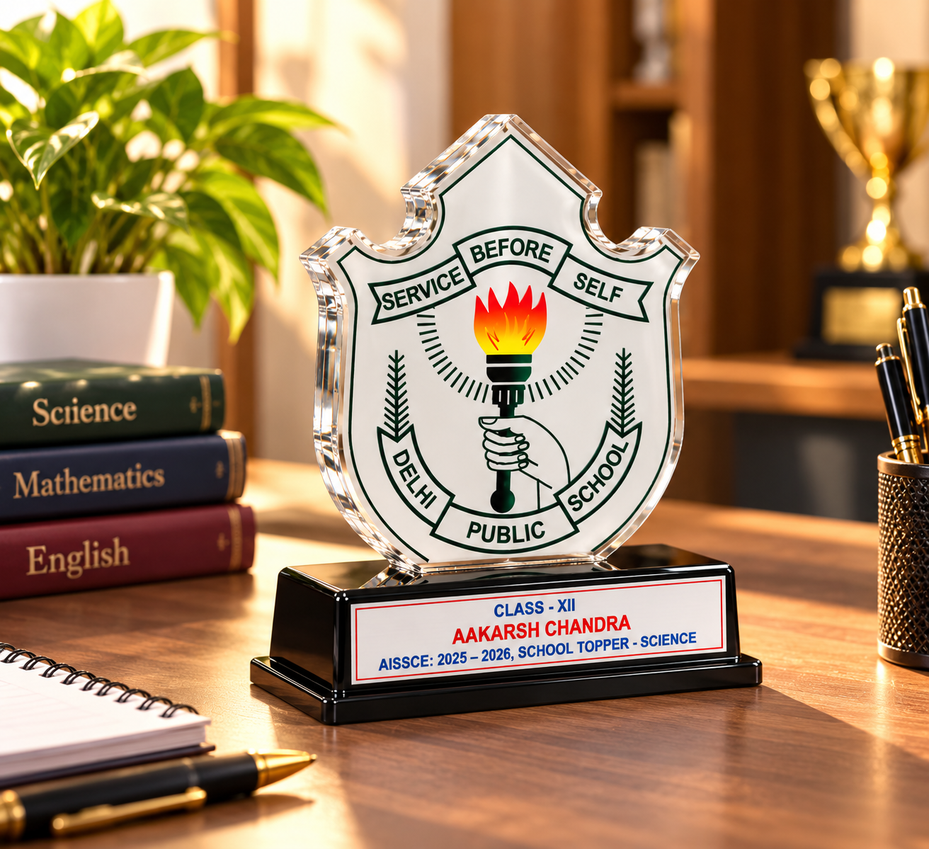 A customized school topper trophy featuring a shield design and elegant black base.