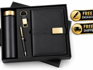 Black and gold gift set with bottle, diary, pen, and keychain for corporate gifting