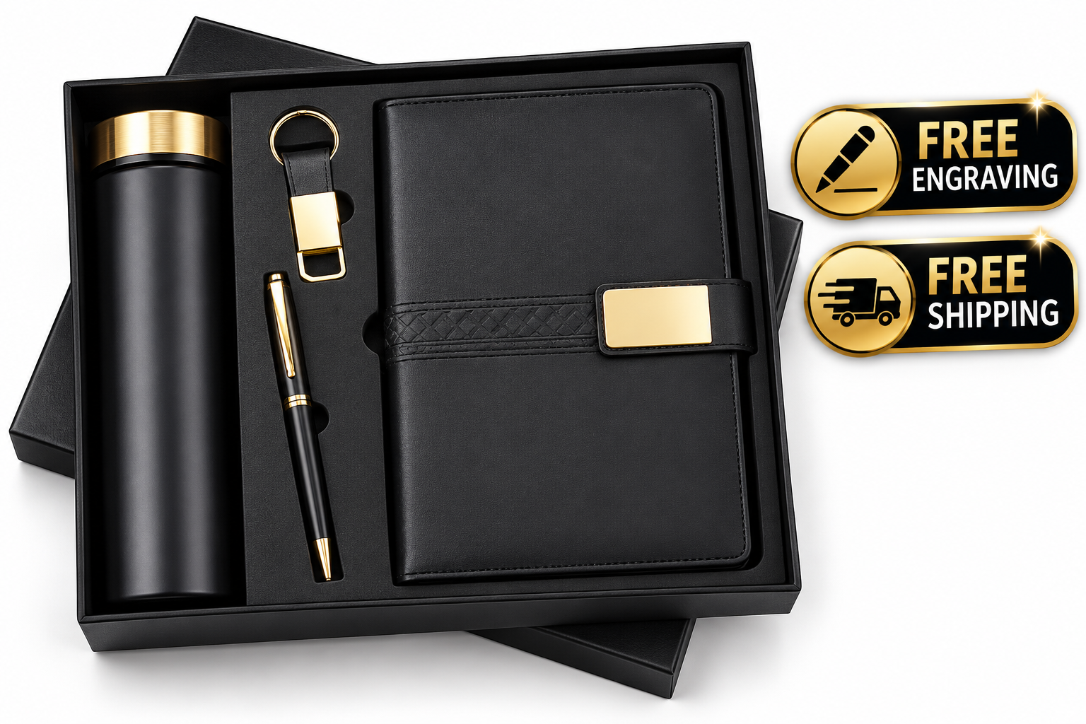 Black and gold gift set with bottle, diary, pen, and keychain for corporate gifting
