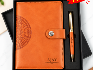 Personalized notebook and pen gift set in brown with matching pen
