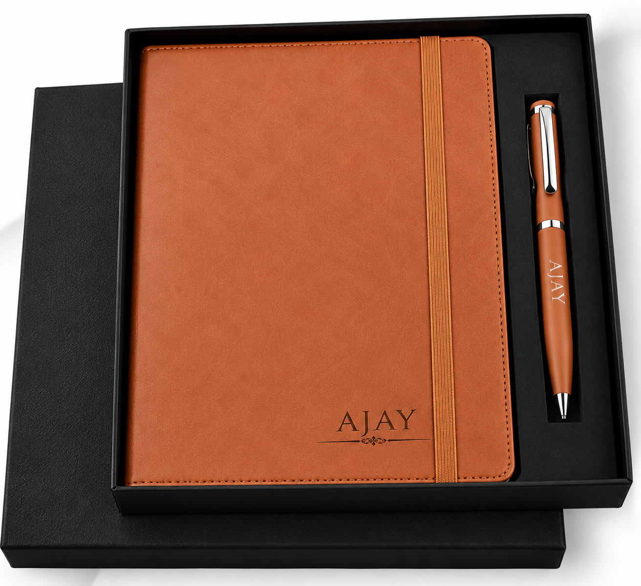 Corporate diary and pen set with a sleek black notebook and matching pen