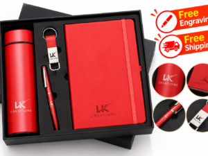 Personalized corporate gift set with bottle, diary, pen, and keychain in a branded presentation box