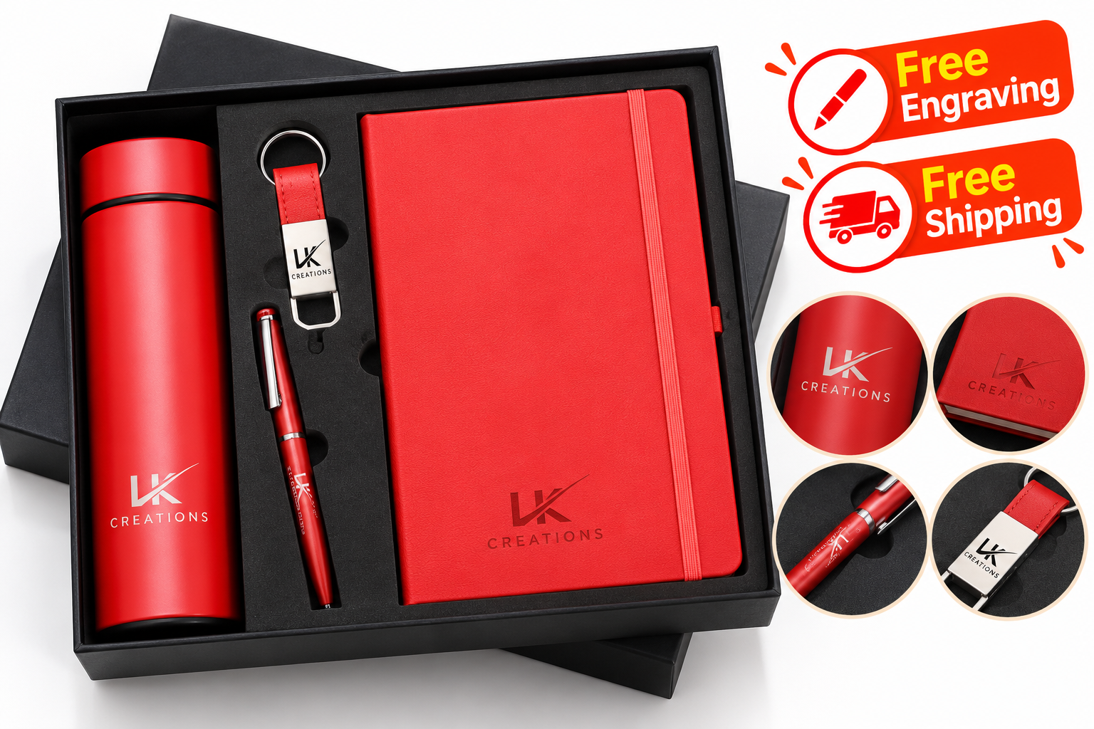 Personalized corporate gift set with bottle, diary, pen, and keychain in a branded presentation box
