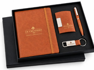 Personalized brown corporate gift set with notebook, card holder, pen and keychain in black presentation box