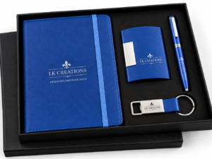 Blue personalized corporate diary with textured cover, elastic closure, and stitched edges for office gifting