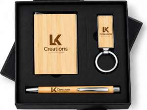 Personalized wooden corporate gift set with notebook and pen
