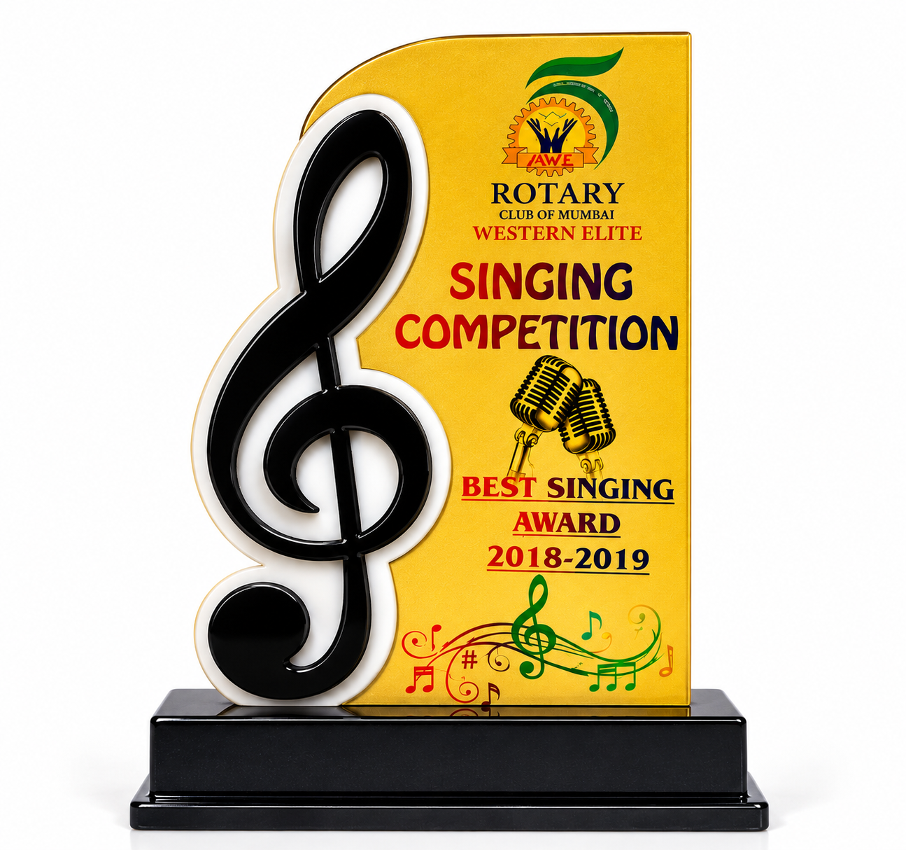 Customized singing competition trophy with yellow panel, music notes, microphone graphics, and black treble clef base