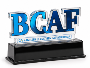 Customized CA award trophy with blue acrylic letter design and gold accents on a clear base