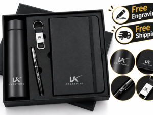 Black personalized corporate gift set with diary, bottle, pen, and keychain
