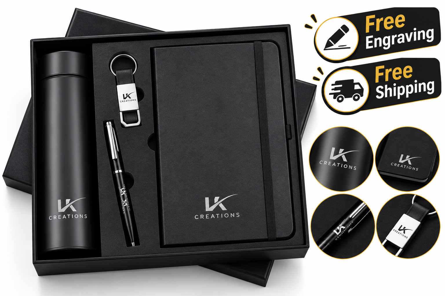Black personalized corporate gift set with diary, bottle, pen, and keychain