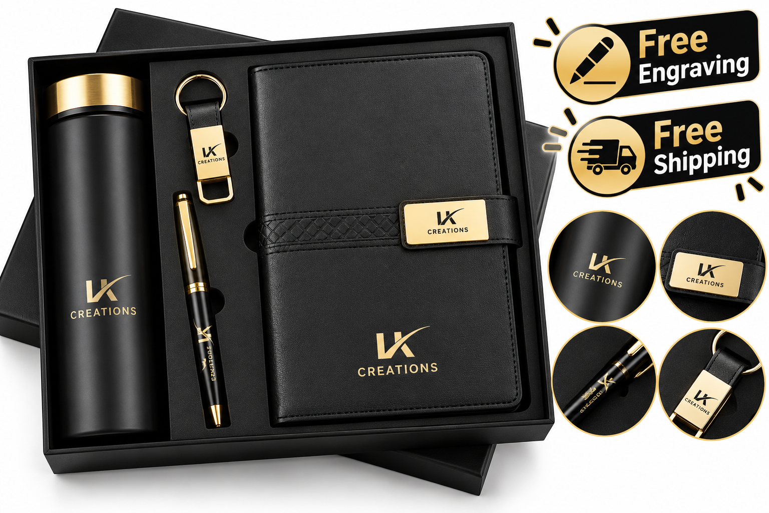 Black corporate gift set with bottle, diary, pen, and keychain in a fitted presentation box