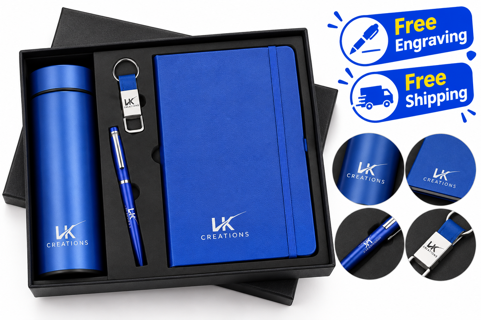 Blue personalized corporate gift set with bottle, diary, pen and keychain