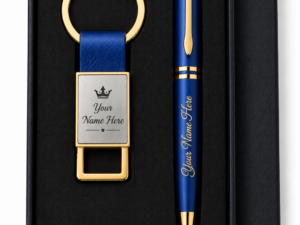 Personalized blue gold pen keychain corporate gift set with engraved name in black gift box