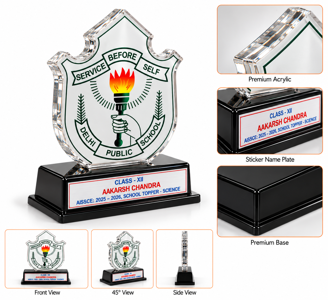 A customized school topper trophy featuring a shield design and elegant black base.