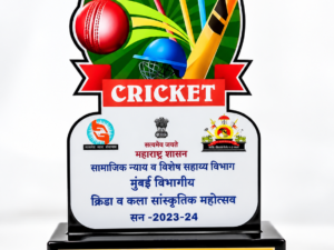 Customized cricket trophy award with printed sports design and gold finish