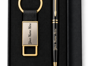 Personalized pen and keychain corporate gift set with engraved name in premium black gift box