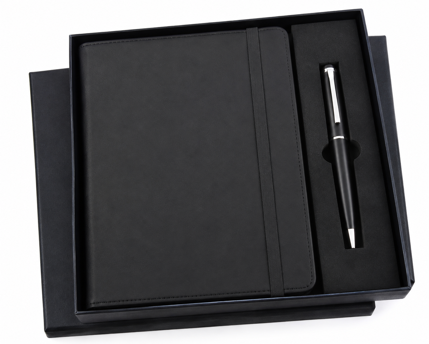 Black pen keychain with metallic clip and keyring, part of a personalized corporate gift set