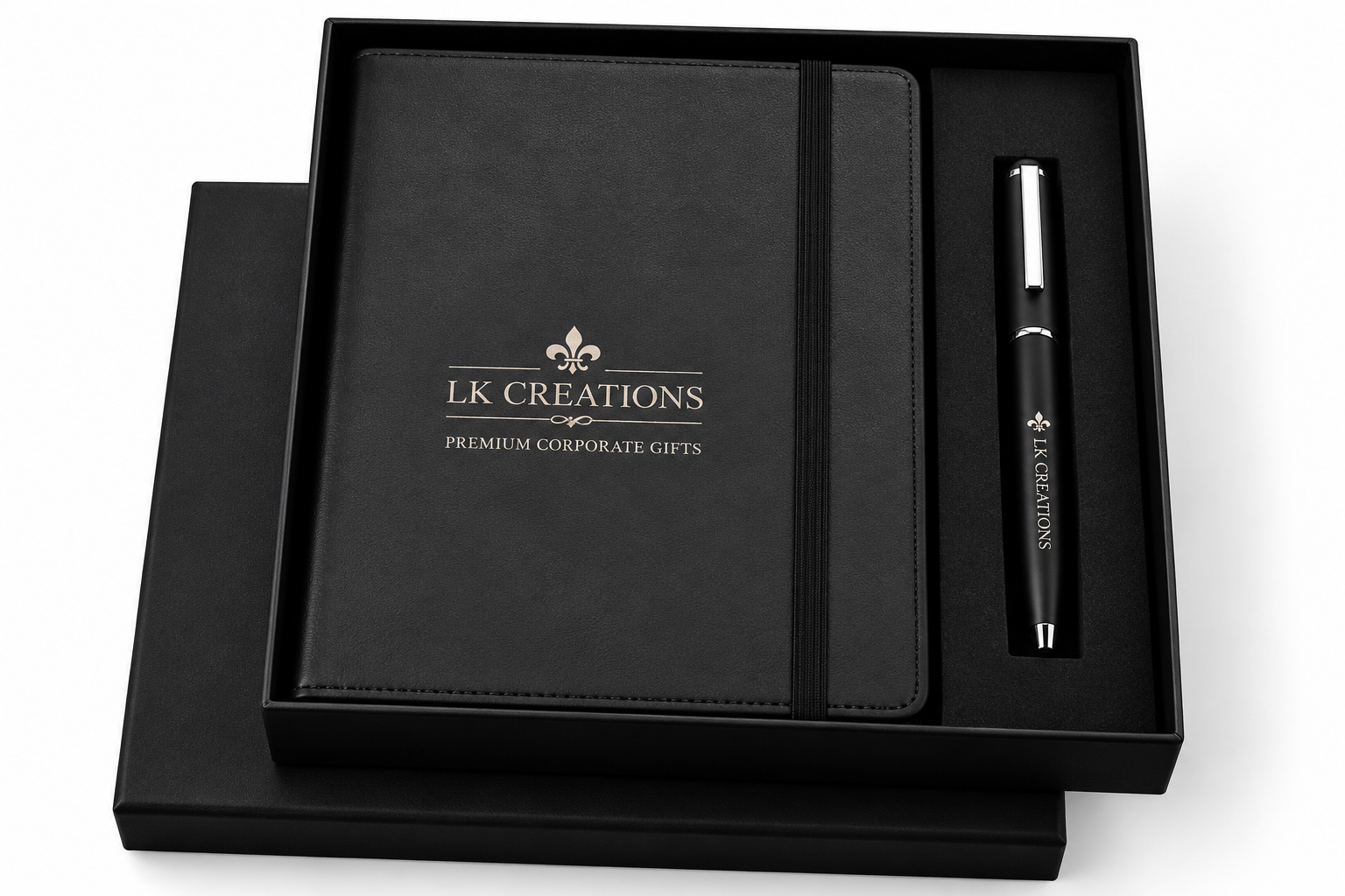 Black corporate gift set with textured notebook, matching pen and fitted presentation box
