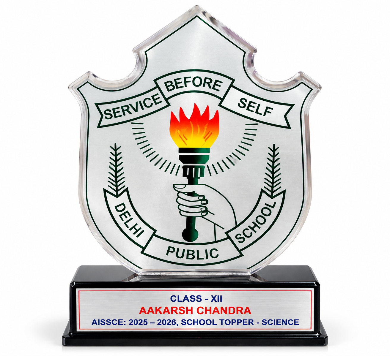 Customized school topper trophy with shield design and black base
